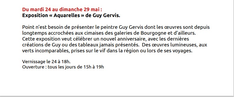 TRAC: du mardi 24 au dimanche 29 mai : Exposition « Aquarelles » de Guy Gervis.