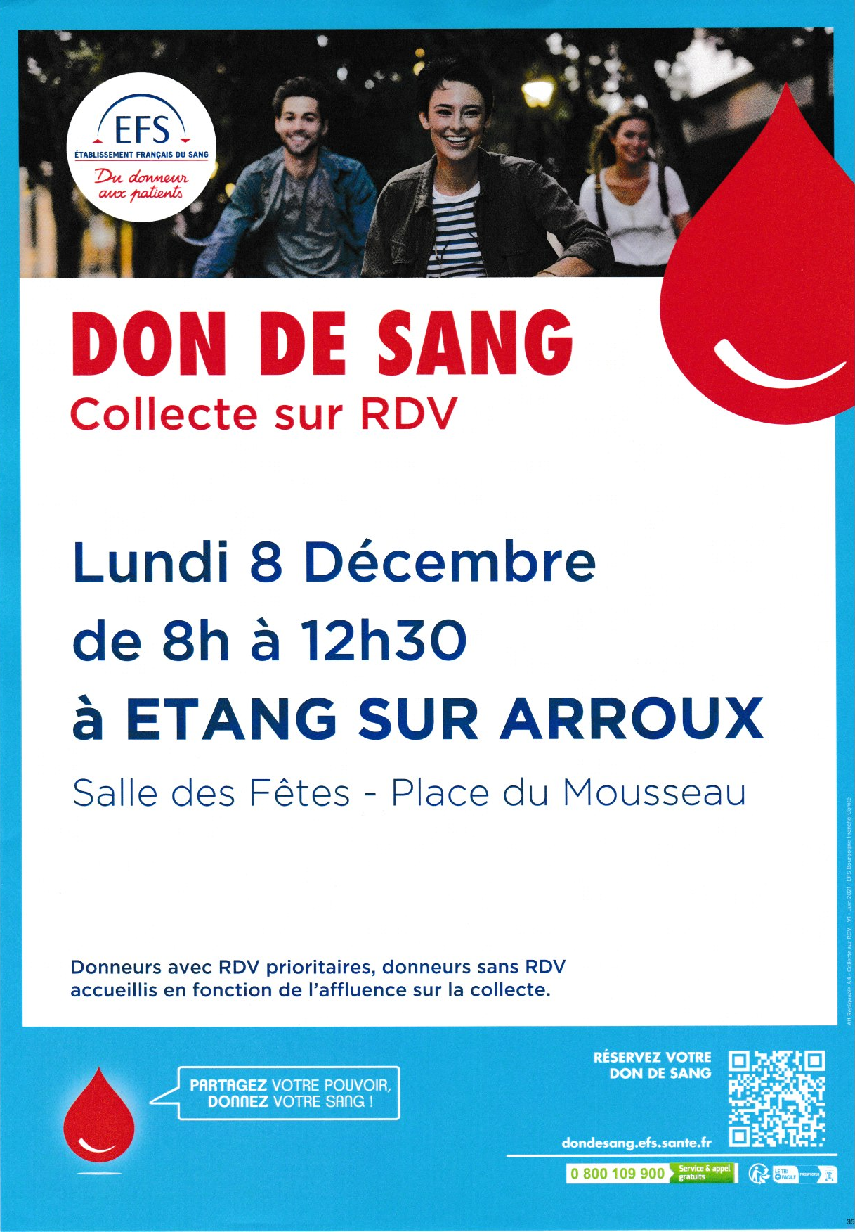 Prochain don de sang à Etang lundi 8 décembre 2025 de 8h à 12h30