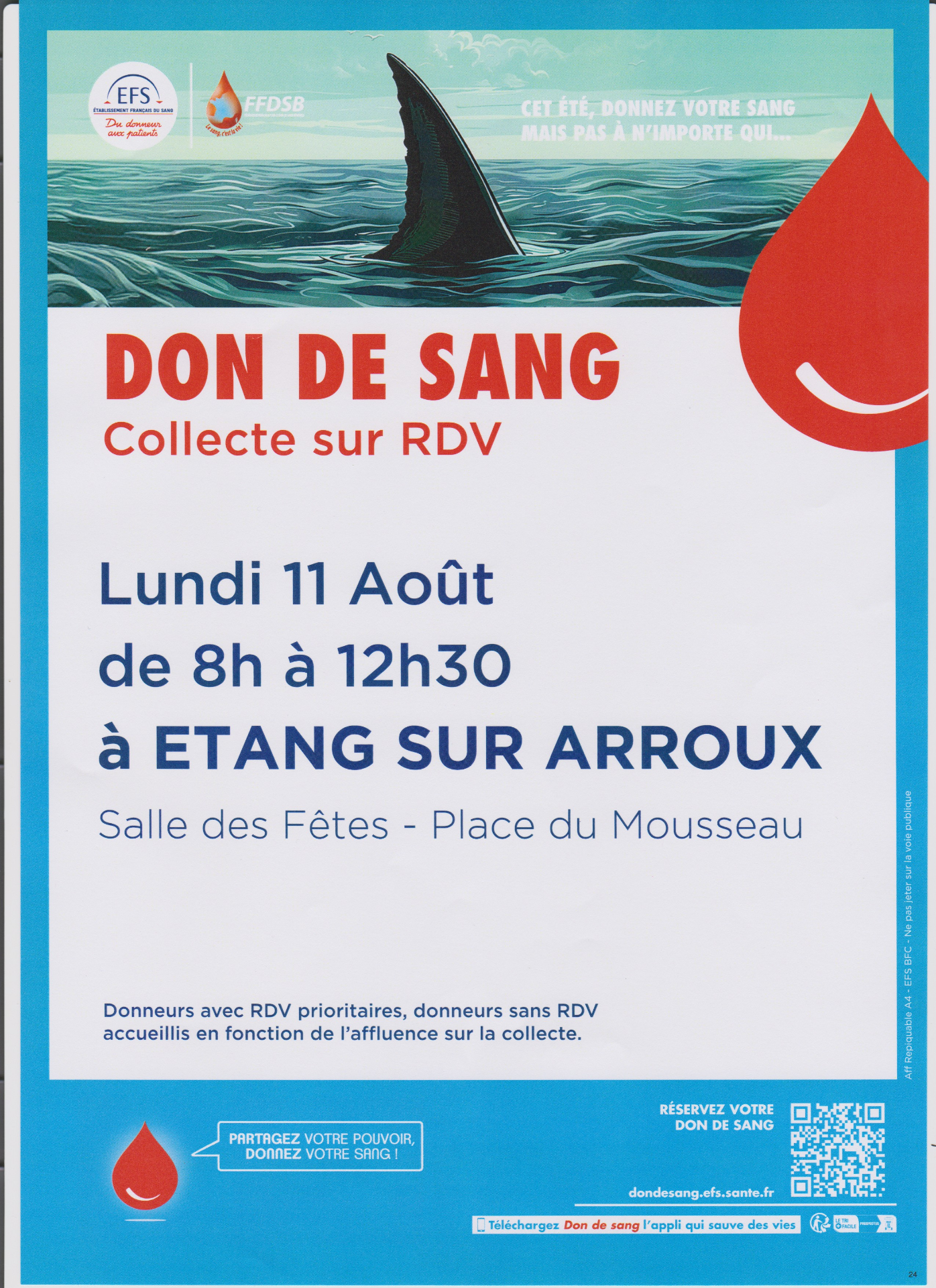 don du sang à Etang le 11 août