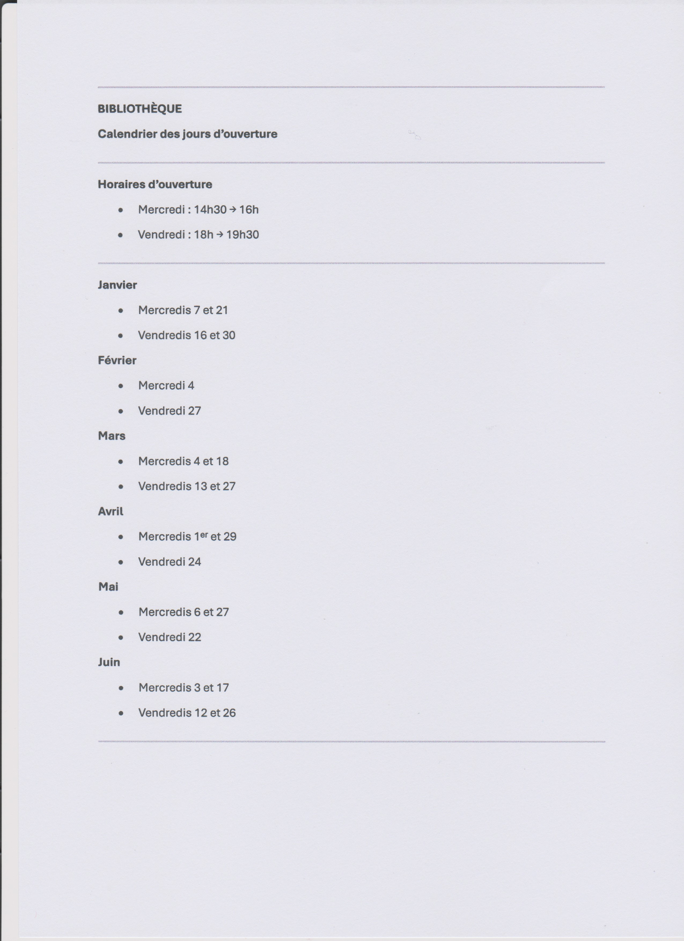 horaires bibliothèque