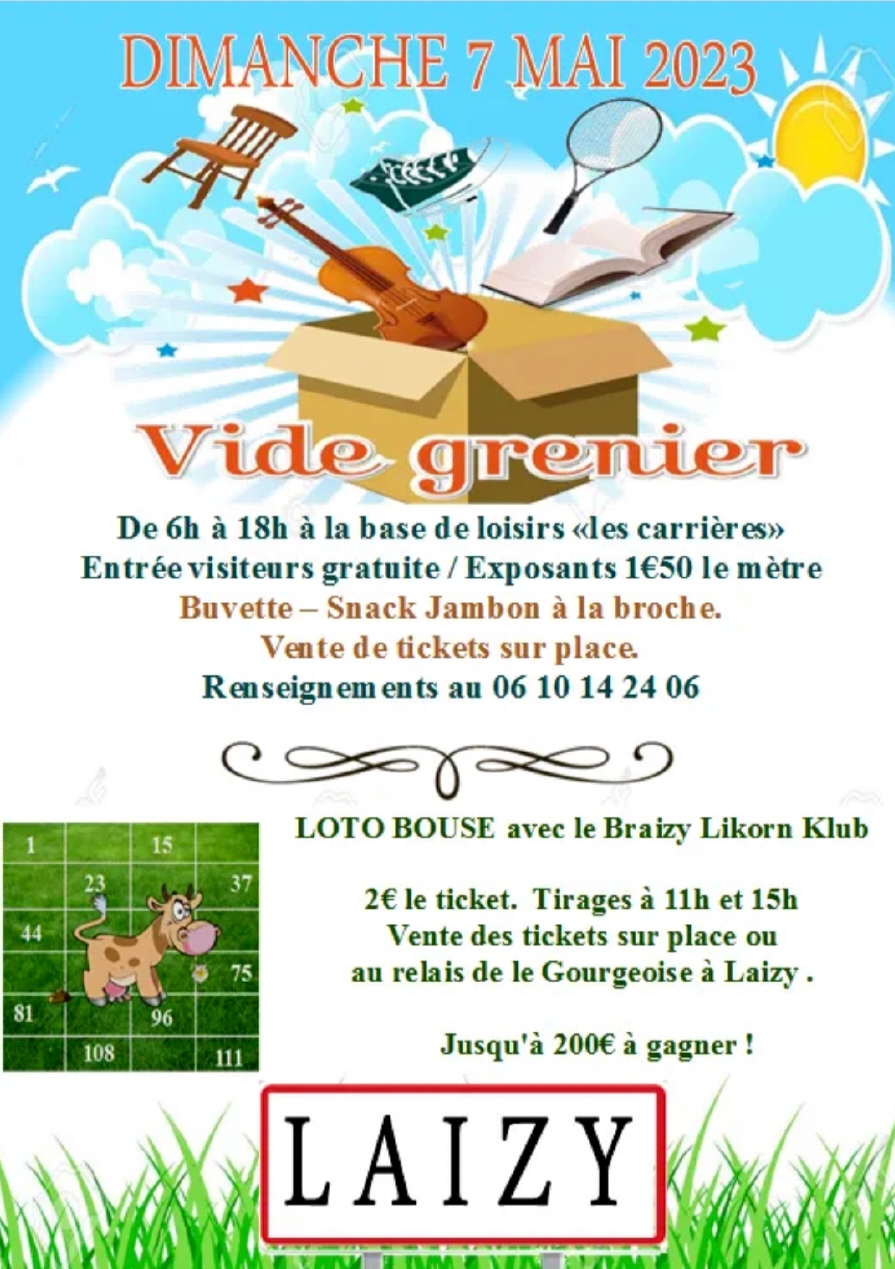 Laizy Sports Loisirs organise son traditionnel vide grenier sur le site des Carrières le dimanche 7 mai 2023.